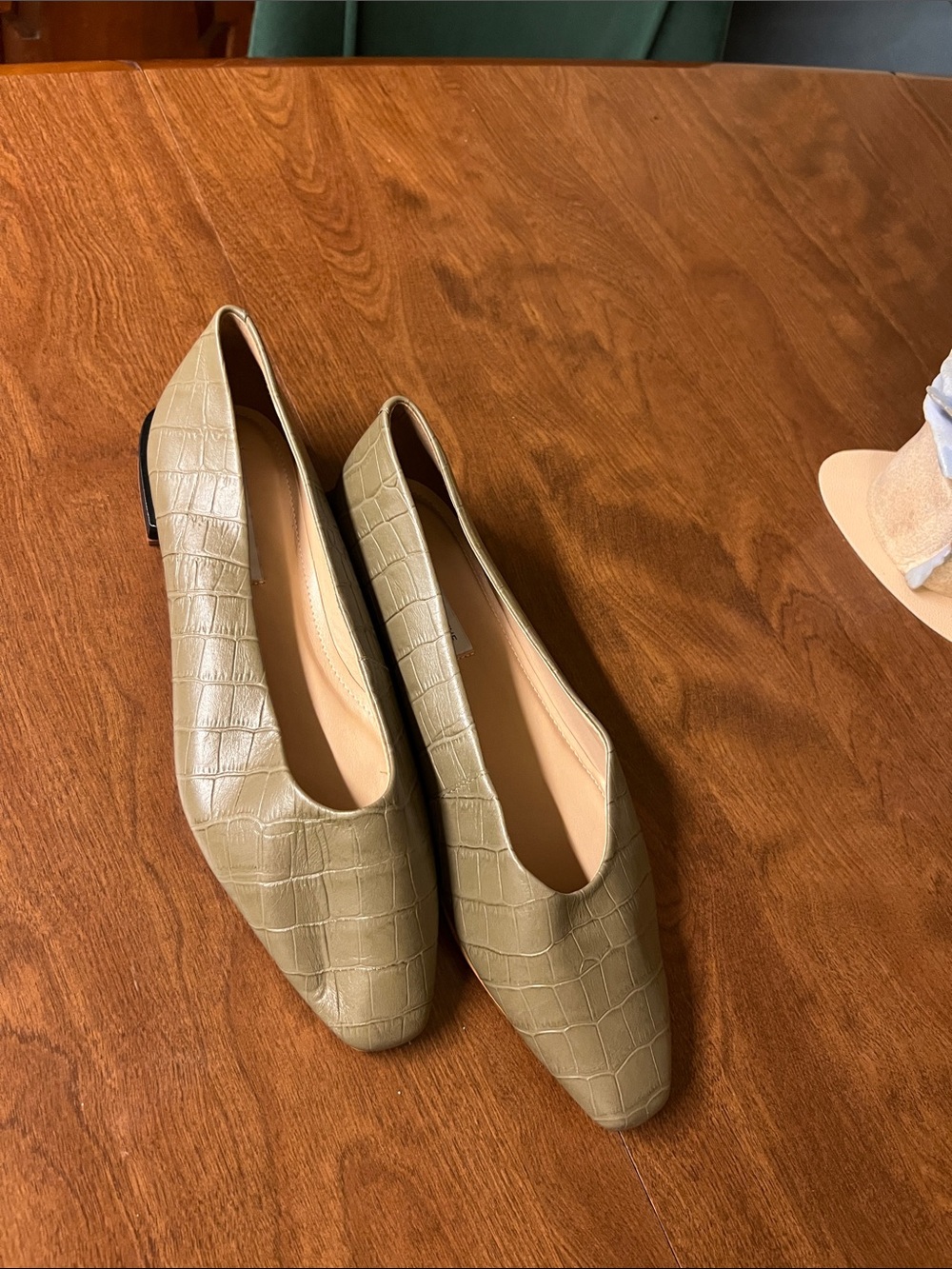 SAKS 5th AVE Olive Green Croc-Embossed Square Toe Flats